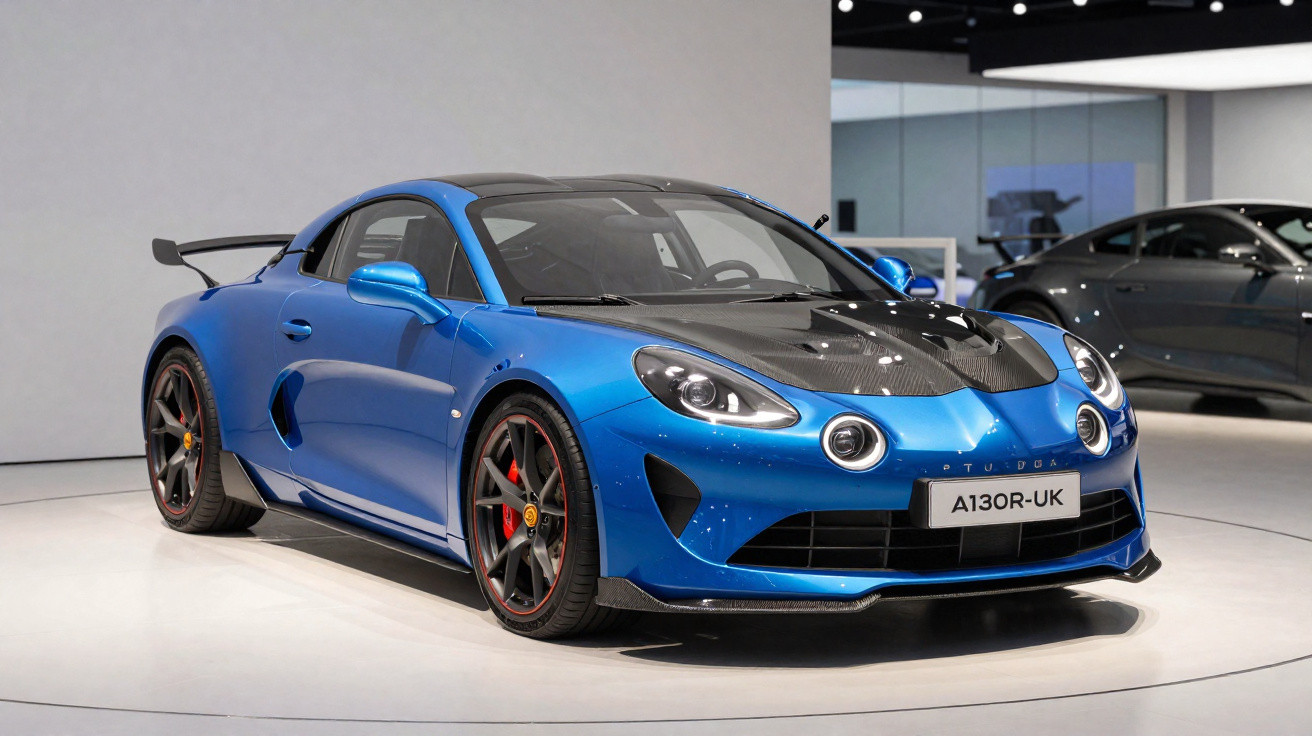 Carro esportivo azul Alpine A110 R em movimento em estrada com colinas ao fundo.