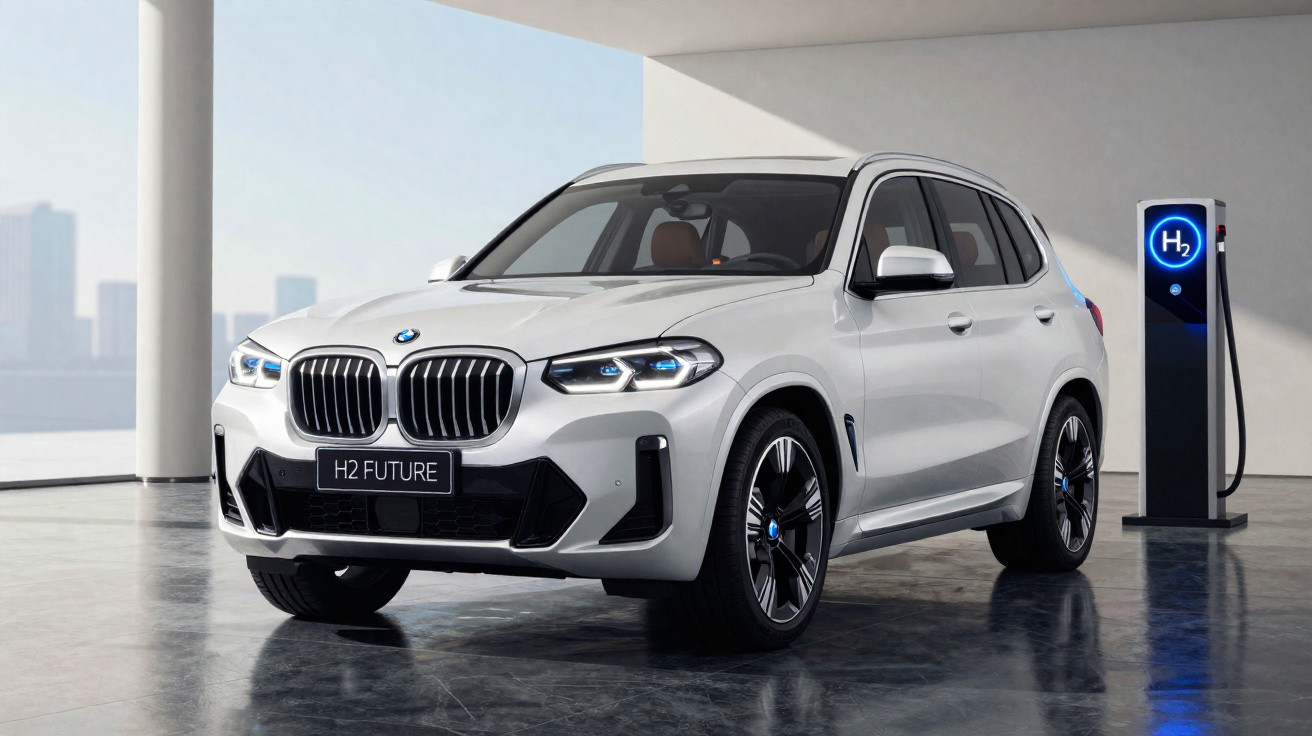 Carro SUV BMW branco em alta velocidade em estrada, com design azul e texto "BMW Hydrogen Fuel Cell".