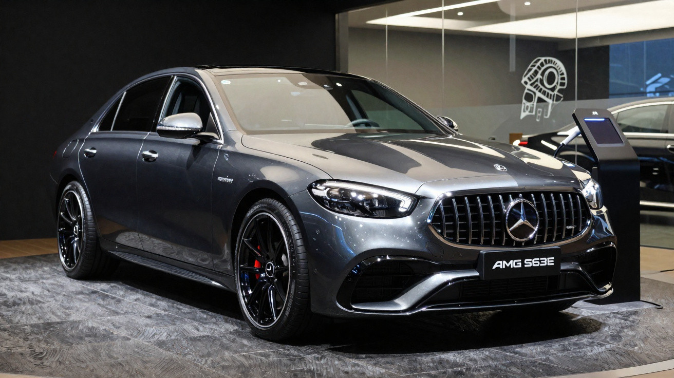 Carro preto Mercedes-Benz sedan avançado em rua com árvores e edifícios ao fundo em dia ensolarado.