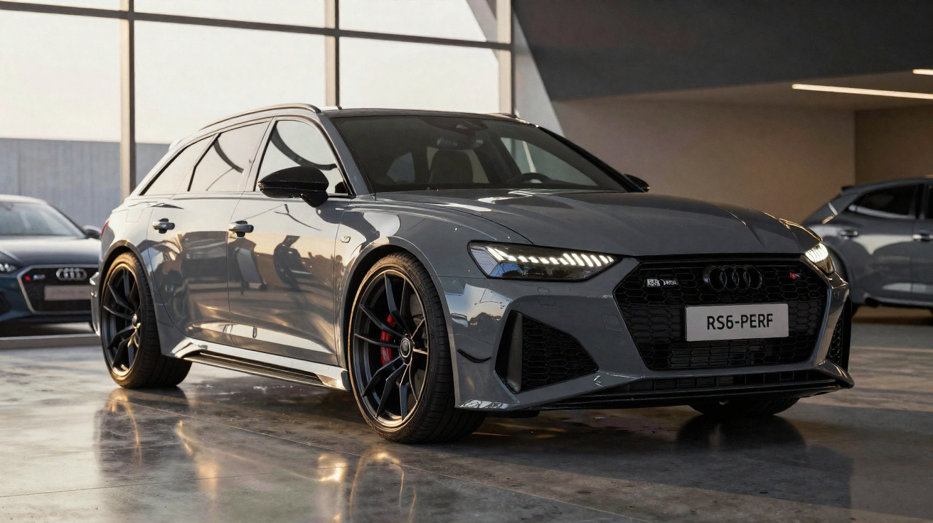 Carro Audi RS6 Avant preto em estrada com paisagem de colinas ao fundo.