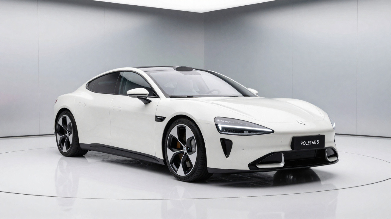 Carro elétrico cinza Polestar 5 em ambiente interno com pneus Michelin e design esportivo.