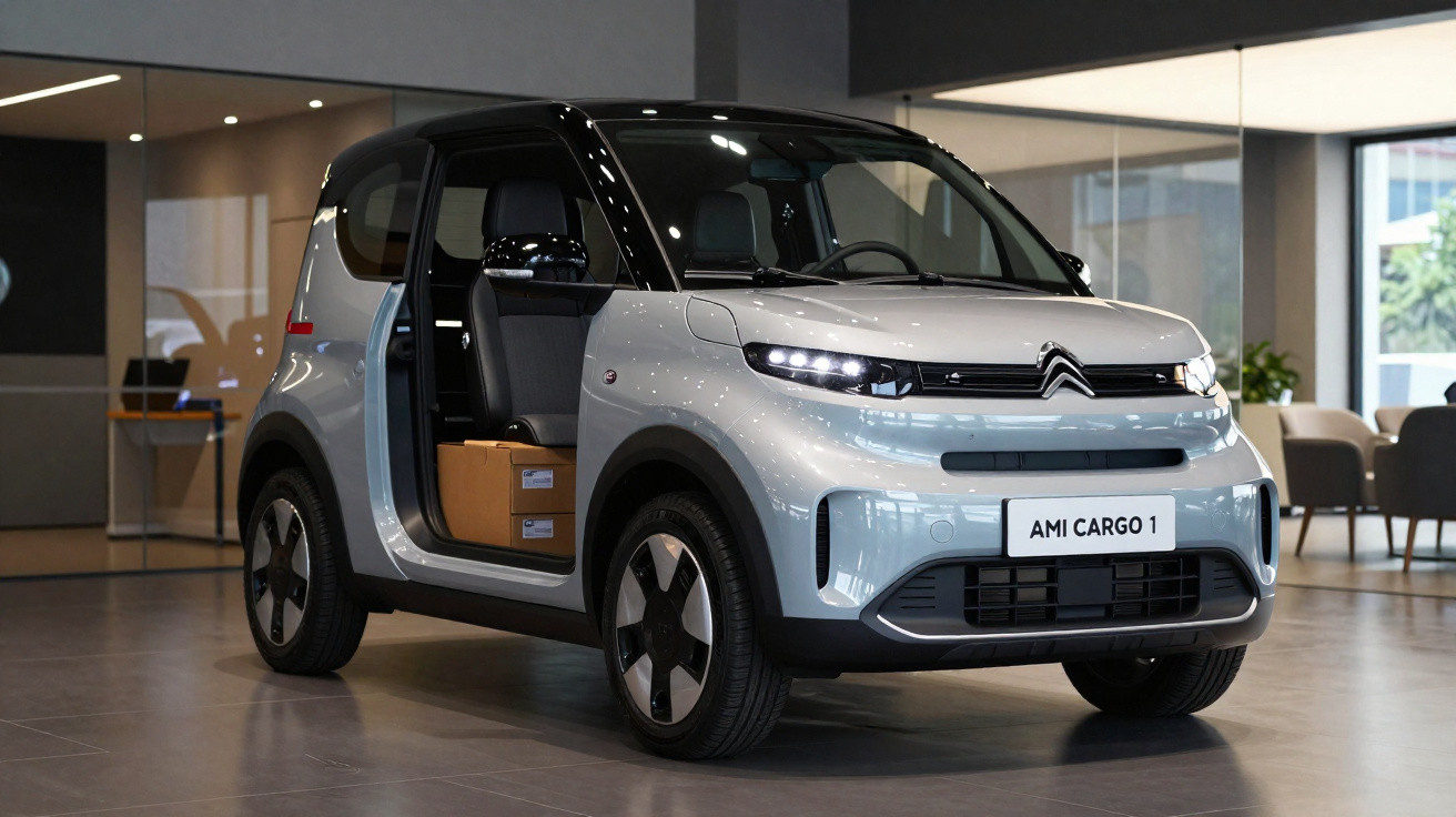 Carro elétrico compacto branco estacionado à sombra de árvores em área externa.