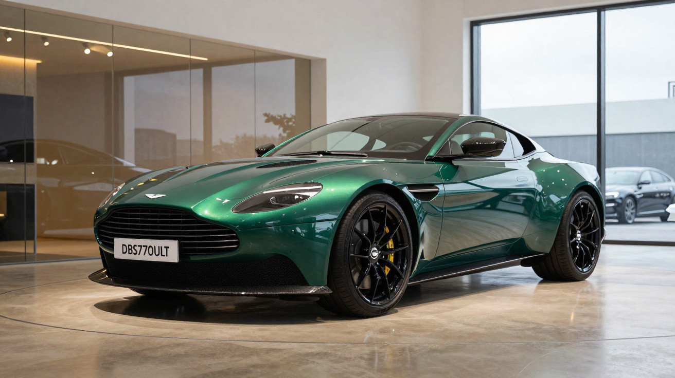 Carro esportivo preto Aston Martin DBS em alta velocidade numa estrada cercada por árvores verdes.