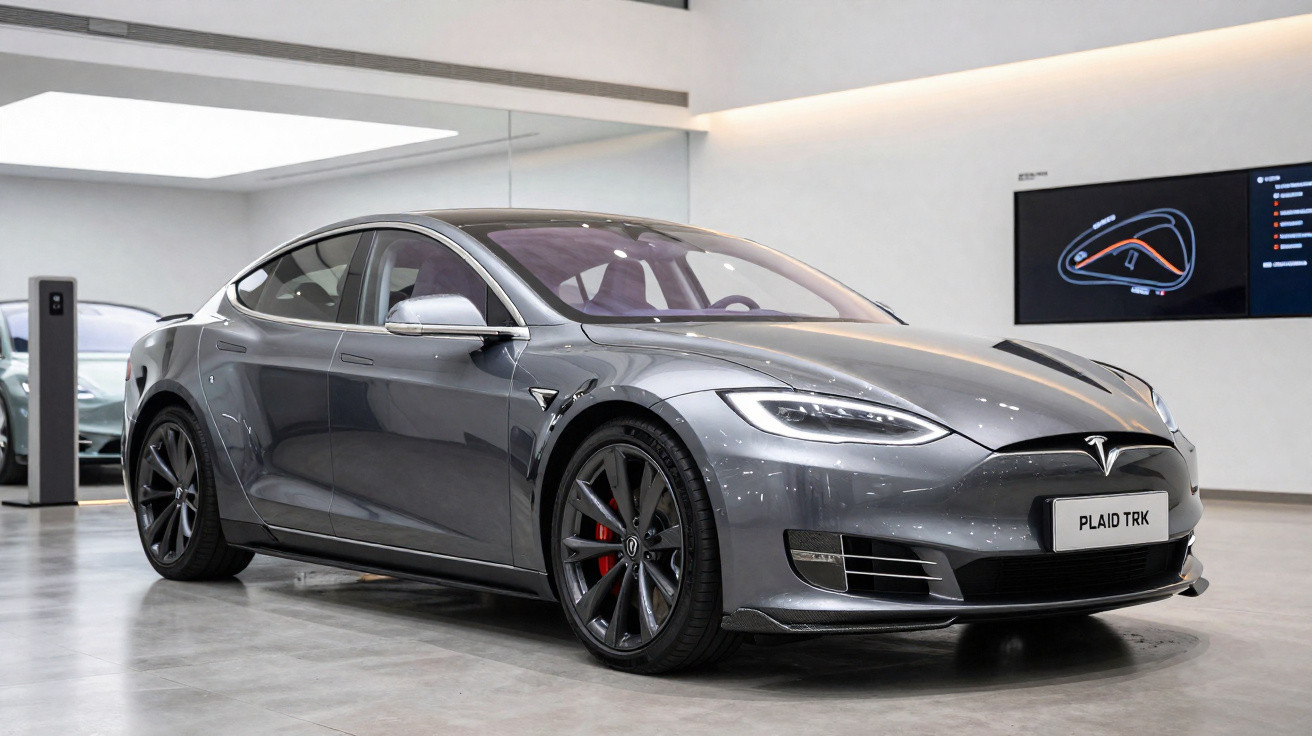 Carro elétrico Tesla Model S preto estacionado em estrada com montanhas rochosas ao fundo.