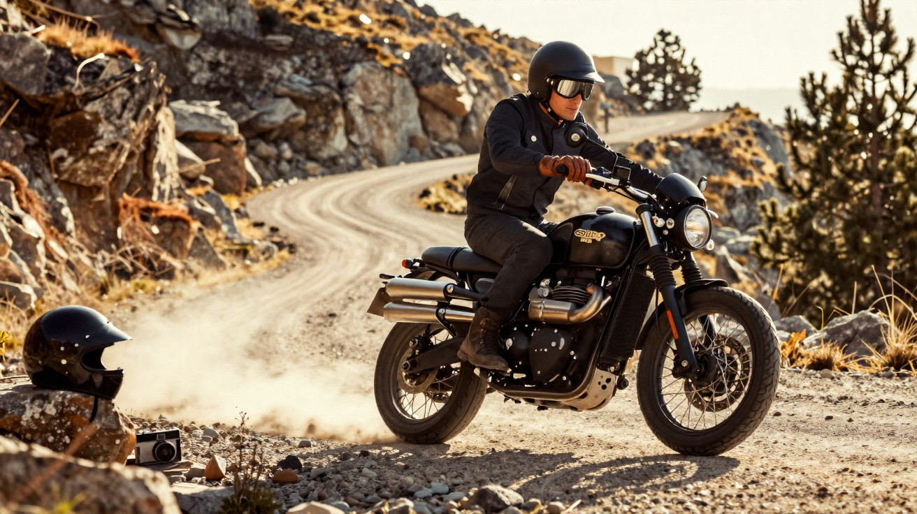 Motociclista com capacete realiza manobra em moto azul no deserto com montanhas ao fundo.
