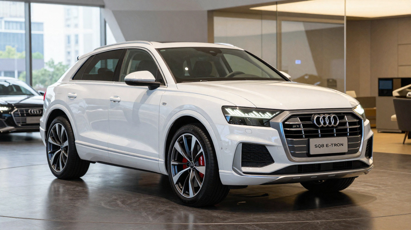 Carro Audi azul dirigindo em estrada costeira sinuosa com céu nublado ao entardecer.