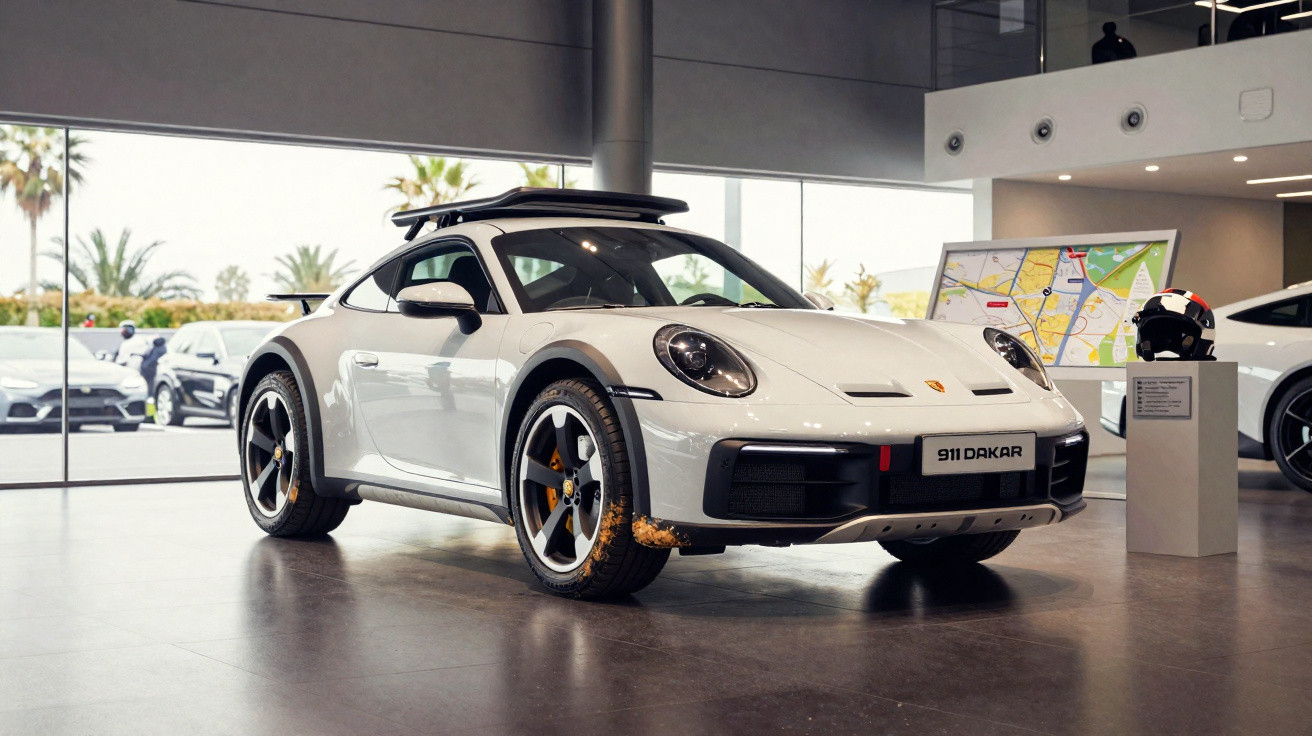 Carro esportivo Porsche 953 levantando poeira ao acelerar em dunas de areia ao pôr do sol.