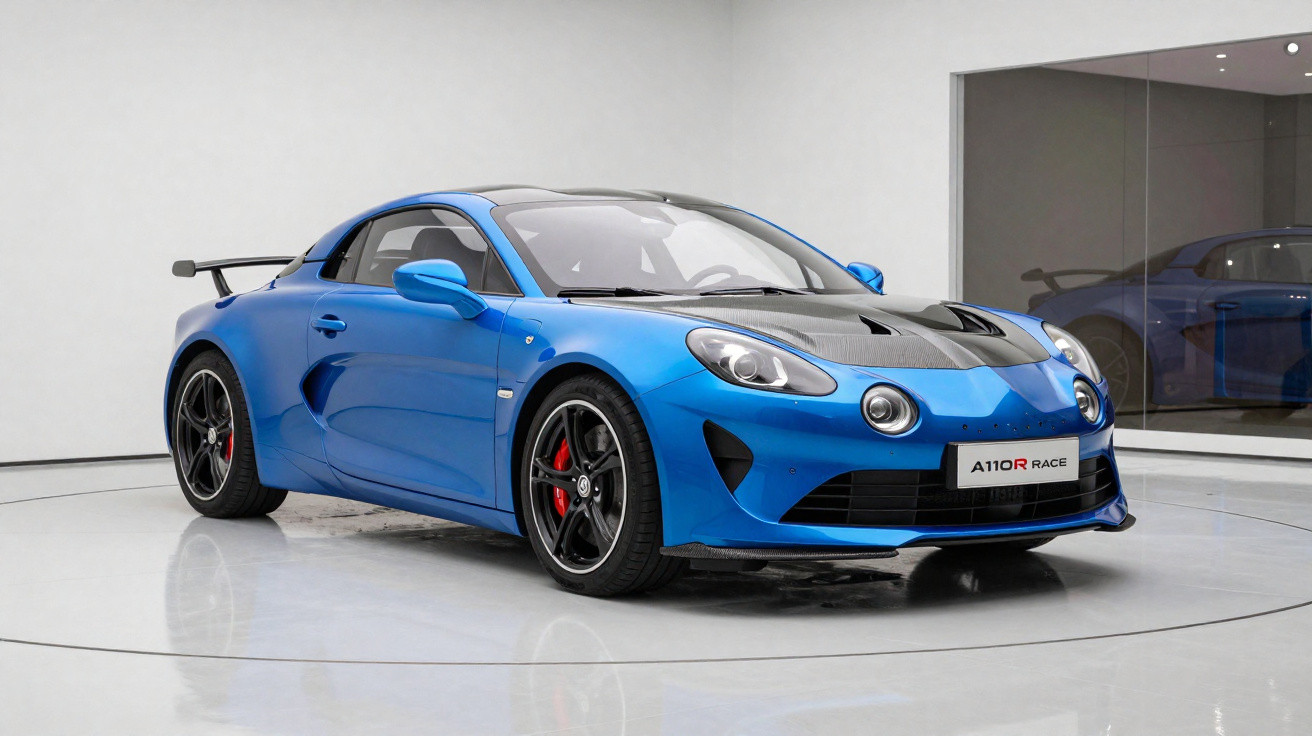 Carro esportivo azul em curva de estrada cercada por montanhas e vegetação.