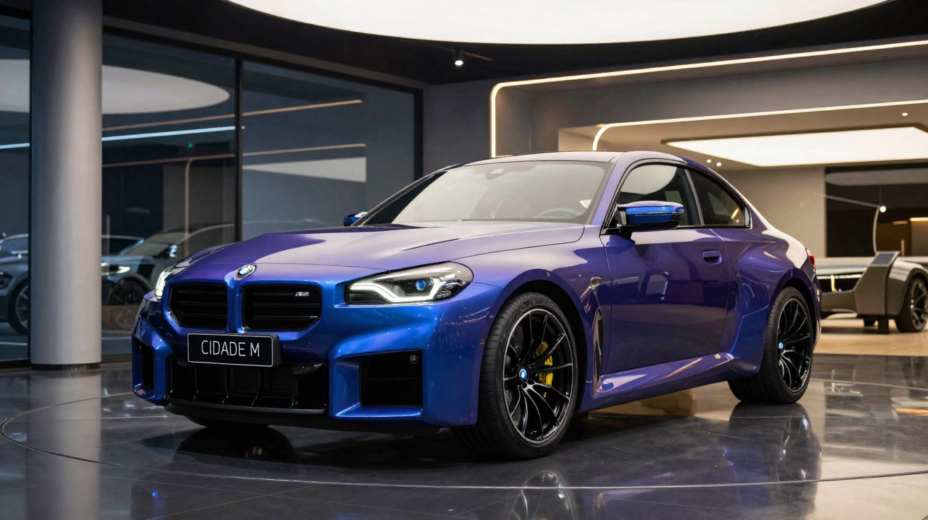 Carro esportivo BMW preto com detalhes geométricos em manobra em pista molhada sob céu nublado.