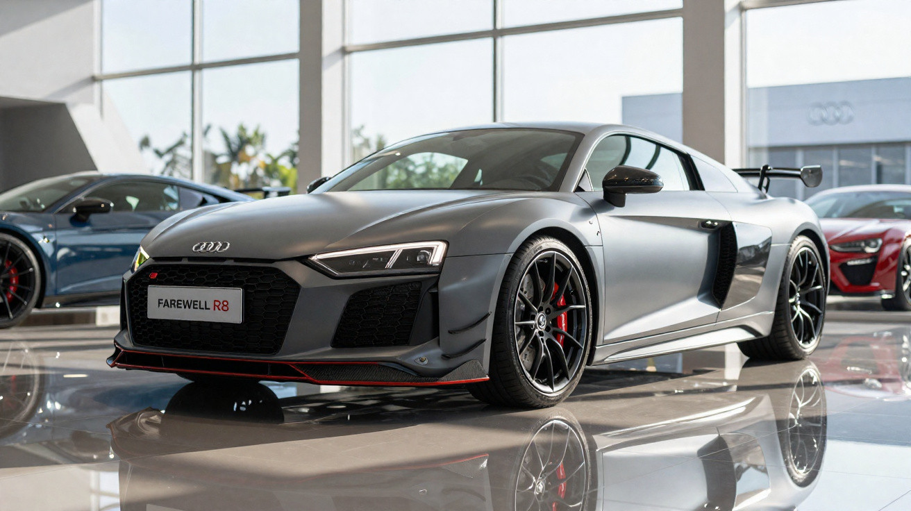 Carro esportivo Audi R8 vermelho em alta velocidade em pista de corrida ao entardecer.