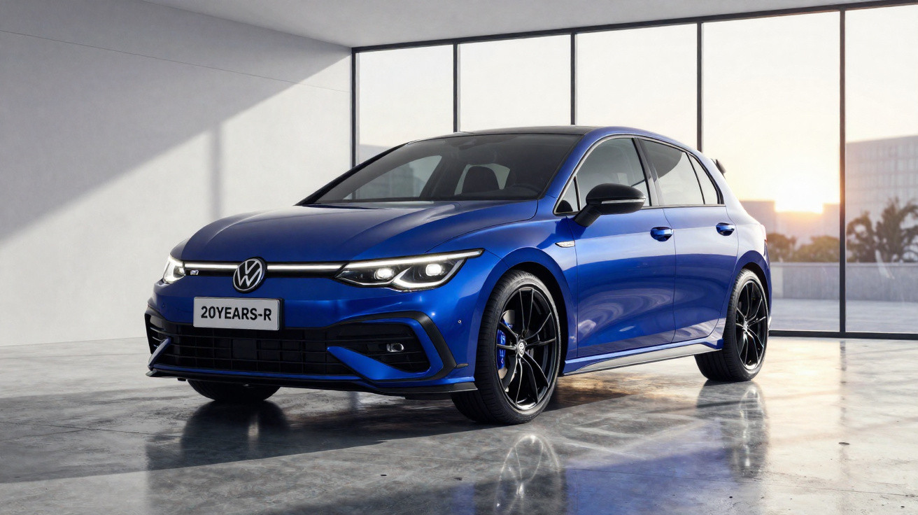 Carro branco Volkswagen Golf circulando em estrada sinuosa cercada por vegetação.