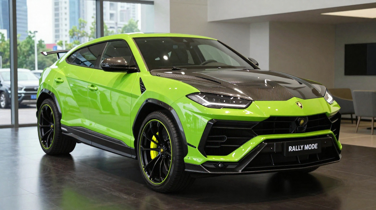 Carro esportivo Lamborghini Urus roxo em curva de pista de corrida com fundo de árvores e montanhas.