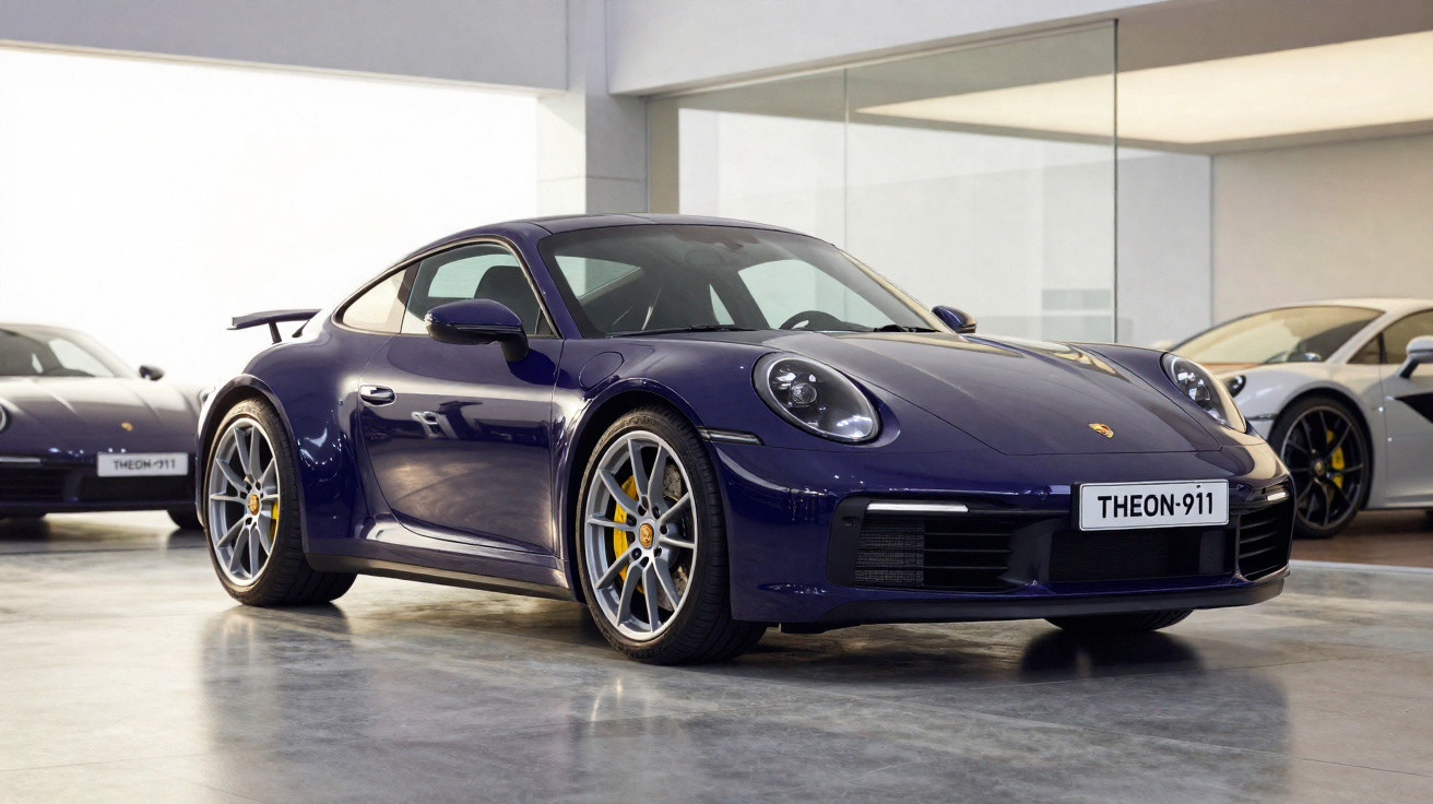 Carro esportivo Porsche clássico roxo em movimento em estrada com céu nublado ao fundo.
