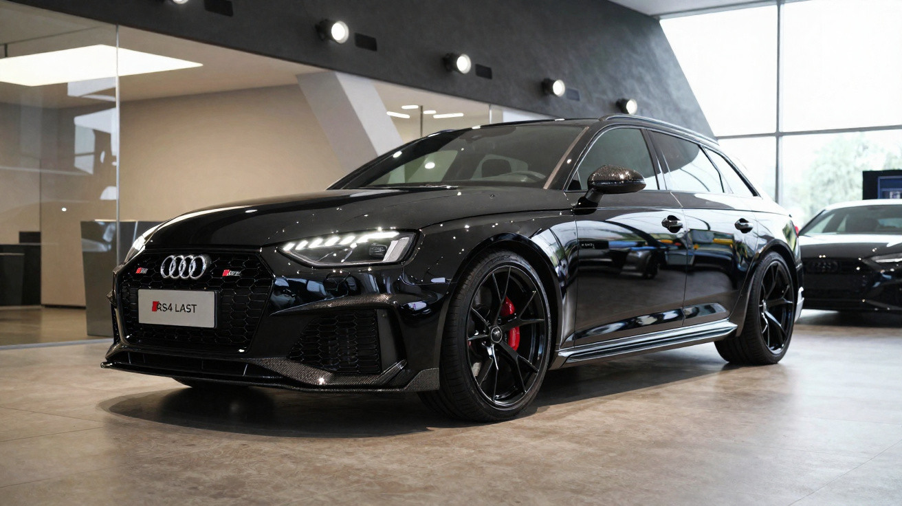 Carro esportivo Audi cinza em uma curva de pista com montanhas e campo ao fundo.