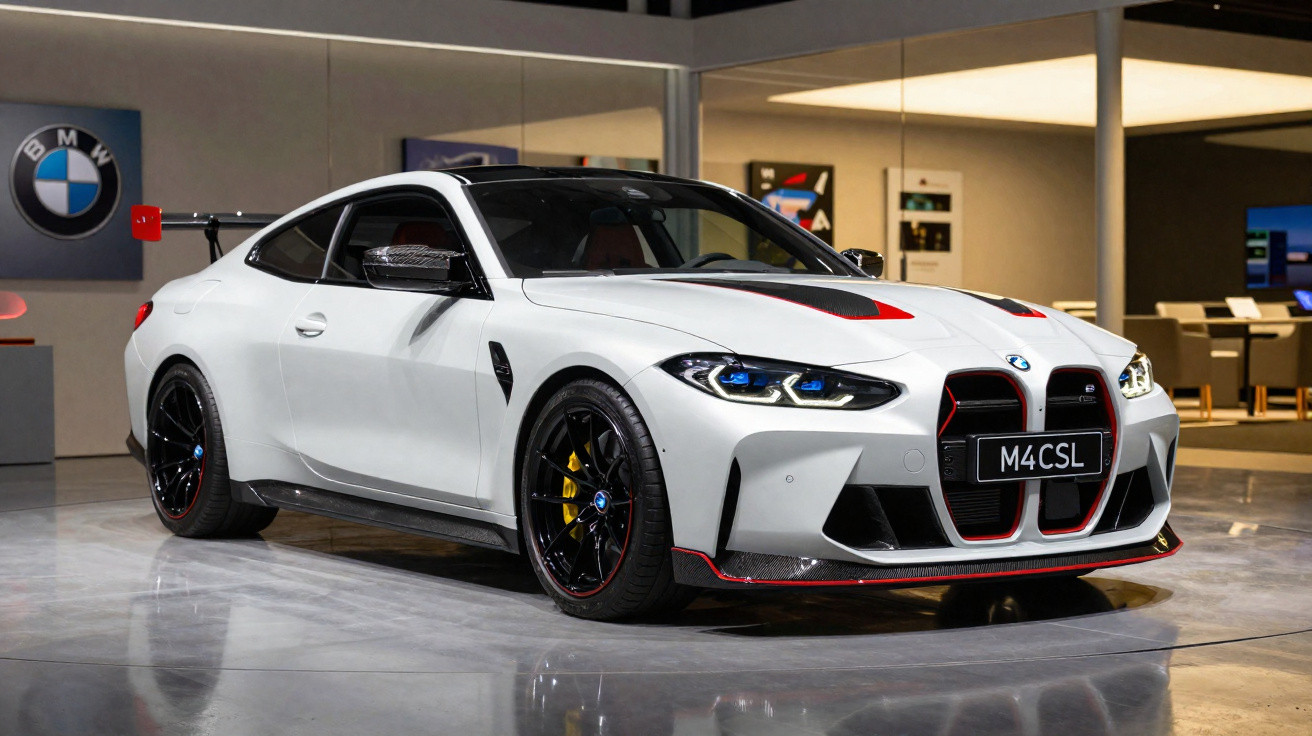 Carro esportivo BMW cinza com detalhes pretos e vermelhos em pista de corrida fazendo curva.