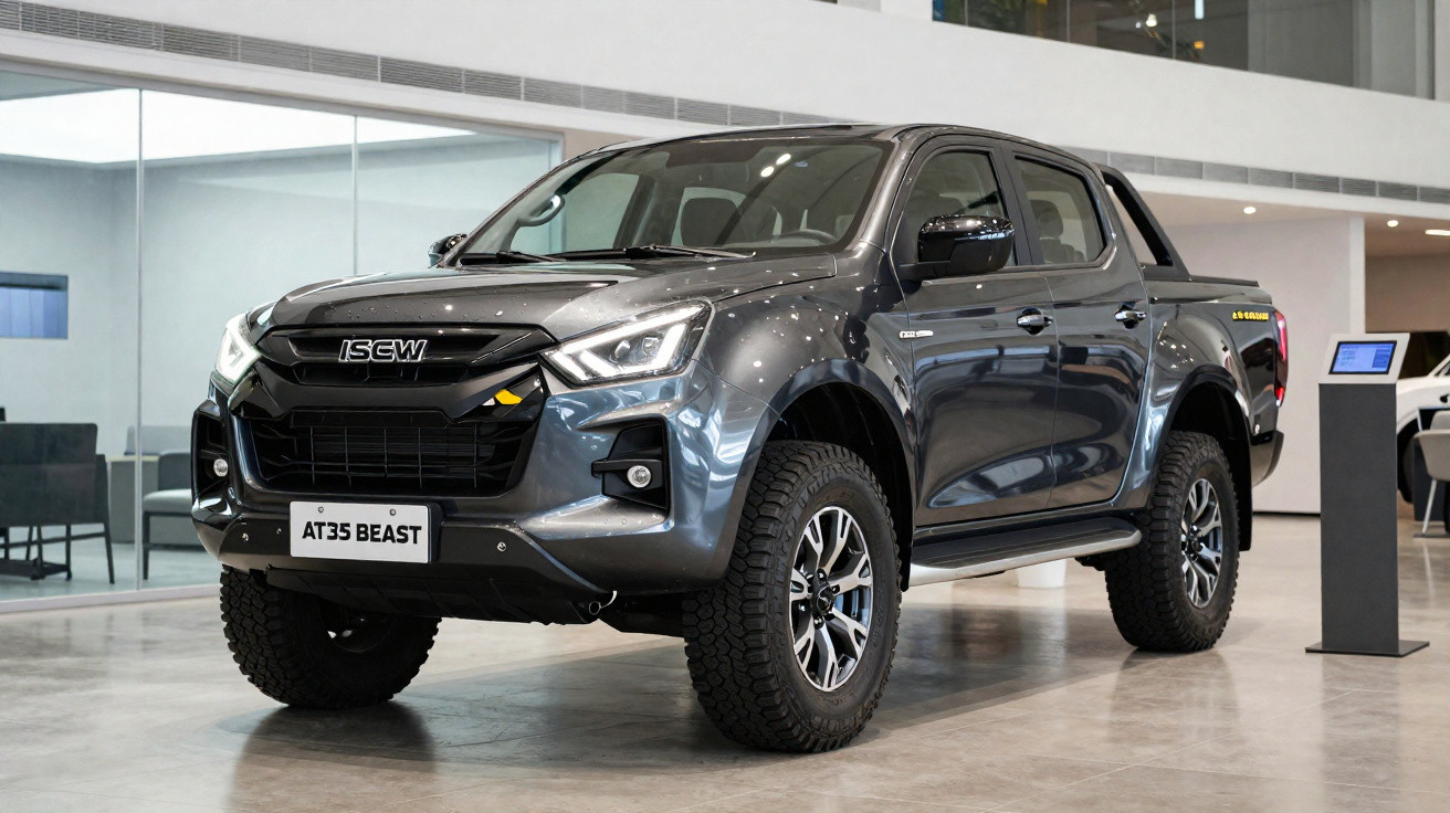 Picape vermelha Isuzu D-Max parada em estrada cercada por árvores ao entardecer.