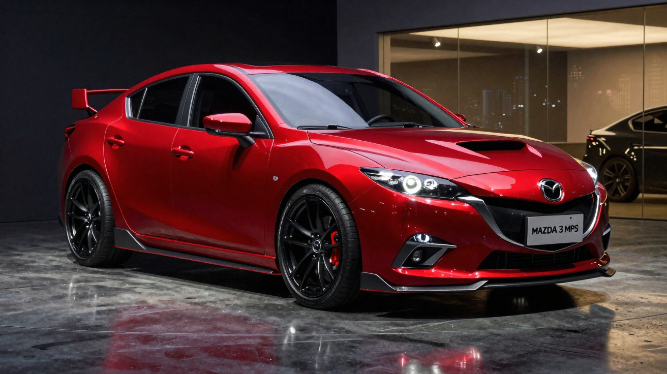 Carro hatchback vermelho Mazda 3 em alta velocidade em uma pista com paisagem verde ao fundo.