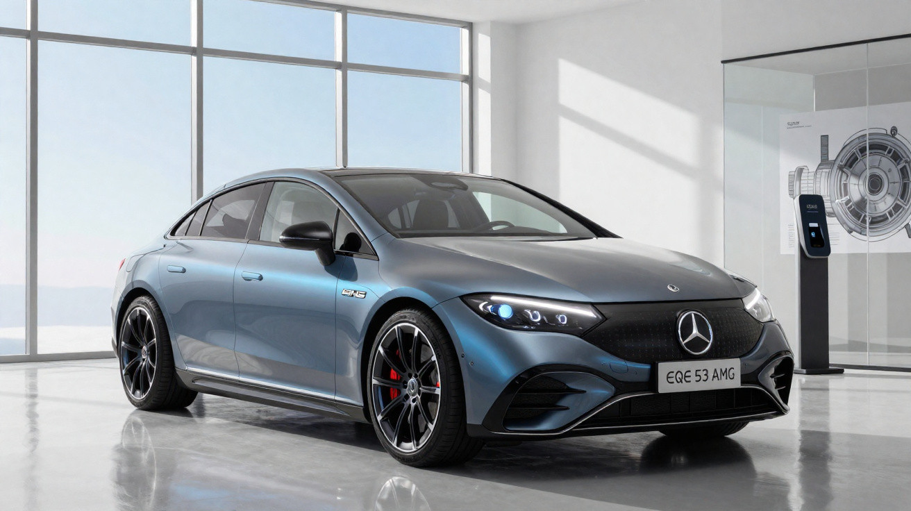 Carro esportivo azul Mercedes-Benz EV em movimento em estrada, céu parcialmente nublado ao fundo.