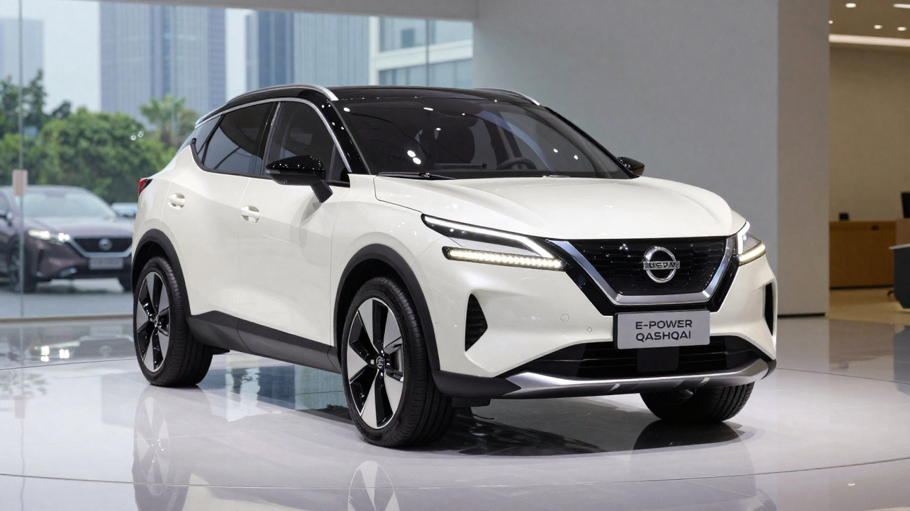Carro SUV Nissan Qashqai cinza escuro circulando em estrada no dia com céu nublado.