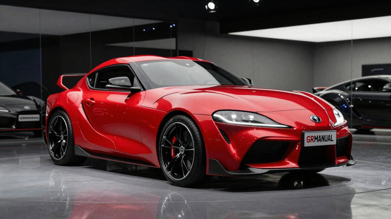 Carro esportivo cinza Toyota Supra em pista de corrida ao entardecer com céu nublado.