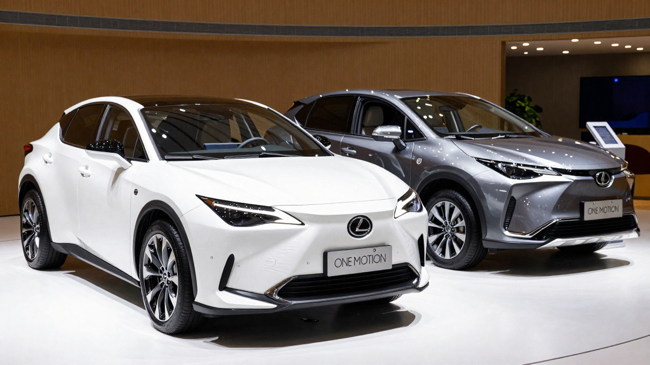 Carro elétrico Lexus RZ 450e em padrão camuflado cinza e preto, em estrada molhada com árvores ao fundo.