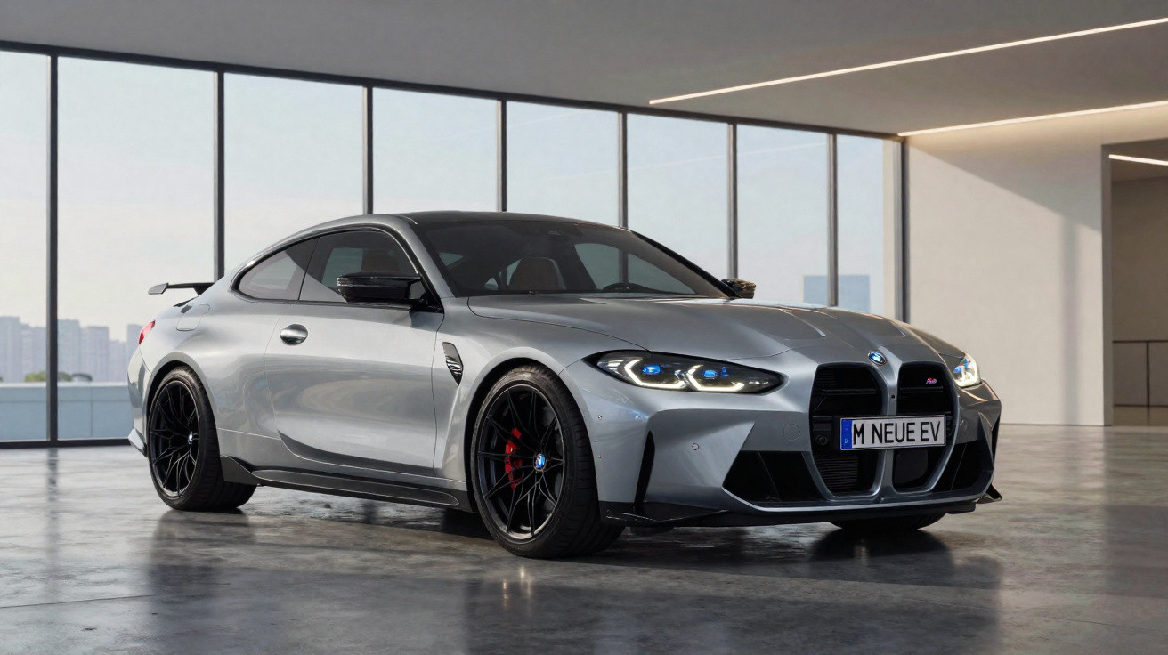 Carro esportivo BMW prata estacionado em garagem com janelas amplas ao fundo.