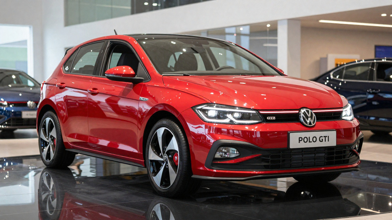 Carro vermelho Volkswagen GTI dirigindo em estrada sinuosa com colinas e árvores ao fundo.