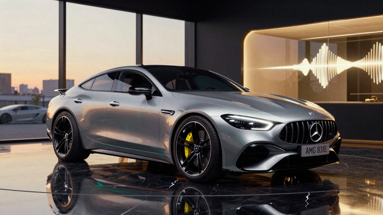 Carro esportivo Mercedes-Benz vermelho em alta velocidade numa estrada com vegetação e colinas ao fundo.