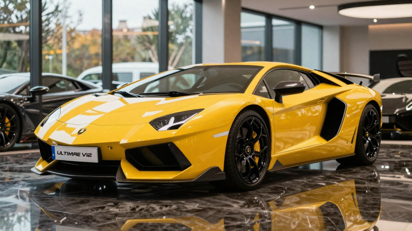 Carro esportivo Lamborghini azul trafegando em estrada sinuosa com paisagem de montanhas ao fundo.