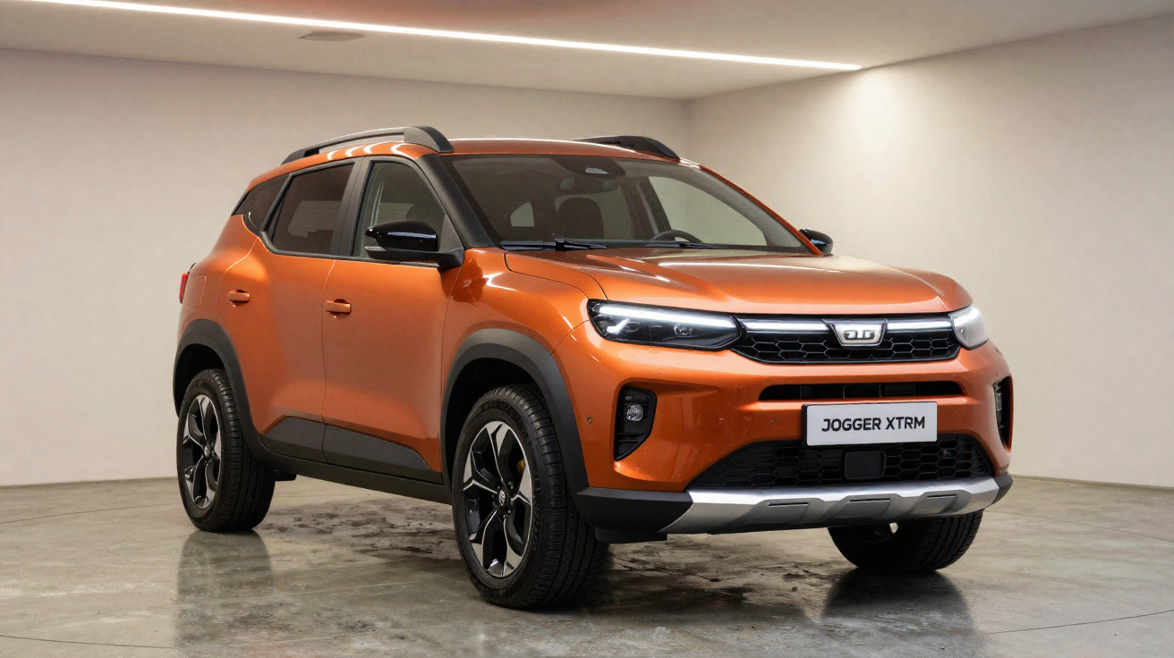 SUV vermelho Dacia em movimento numa estrada sob céu nublado, com campos e árvores ao fundo.