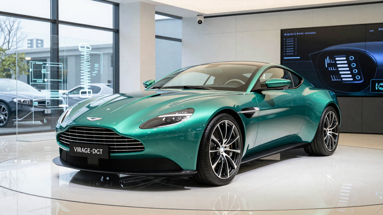 Carro esportivo laranja Aston Martin em estrada com colinas e cata-ventos ao fundo.