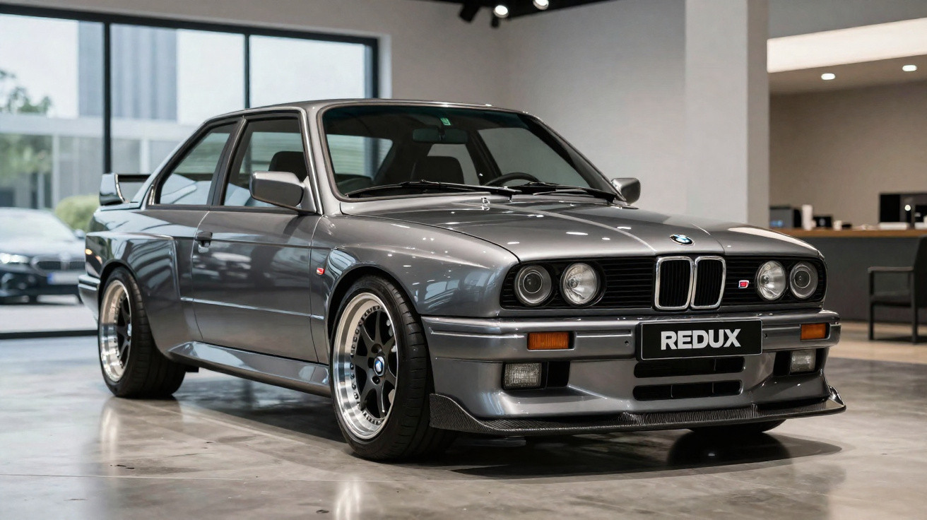 Carro BMW clássico preto fazendo curva em pista de corrida cercada por árvores.